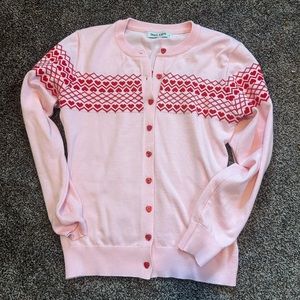Women’s pink sweater with adorable red heart buttons and detail